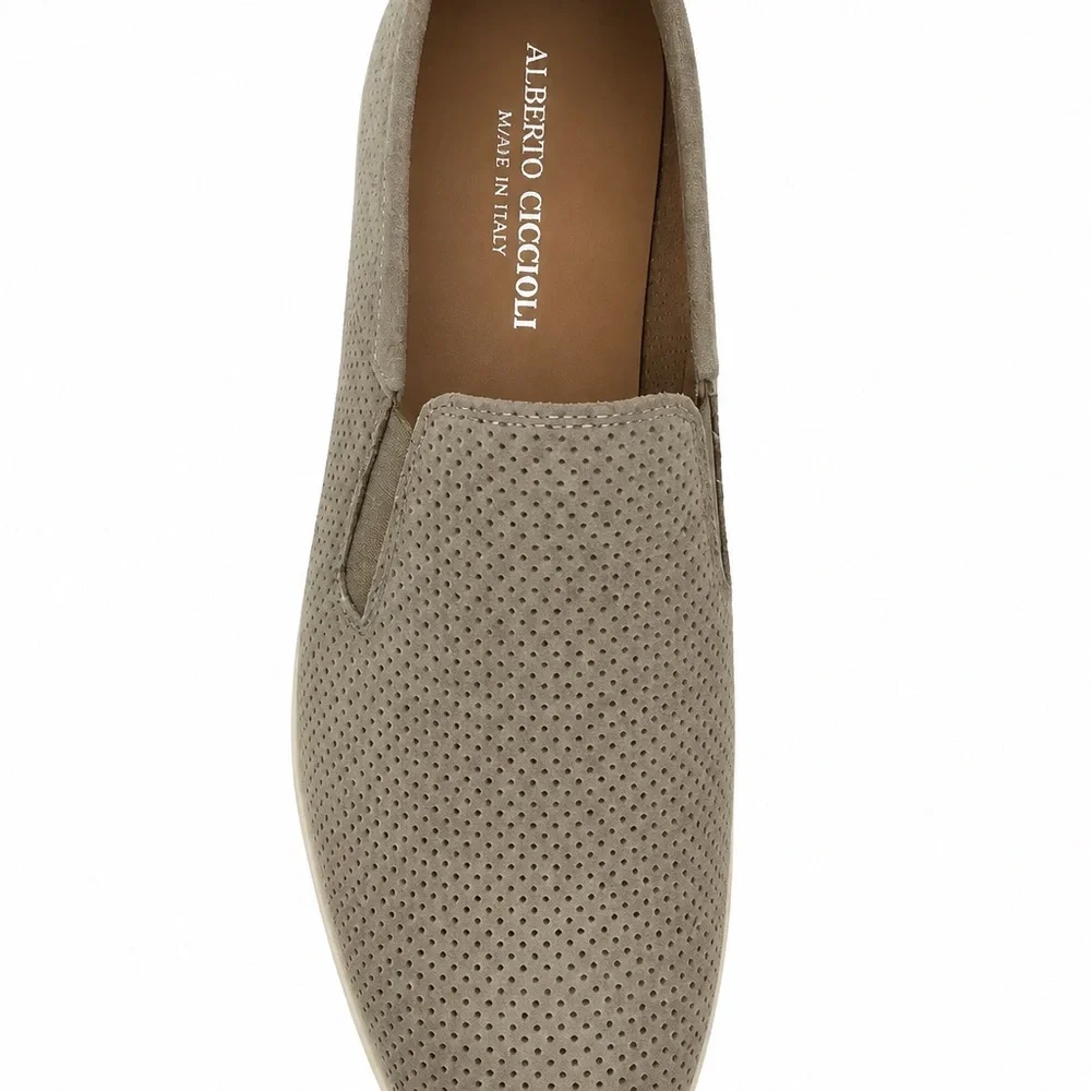 Alberto Ciccioli Men's Slip-On Perforated Comfort Beige Suede Loafers - Taupe
